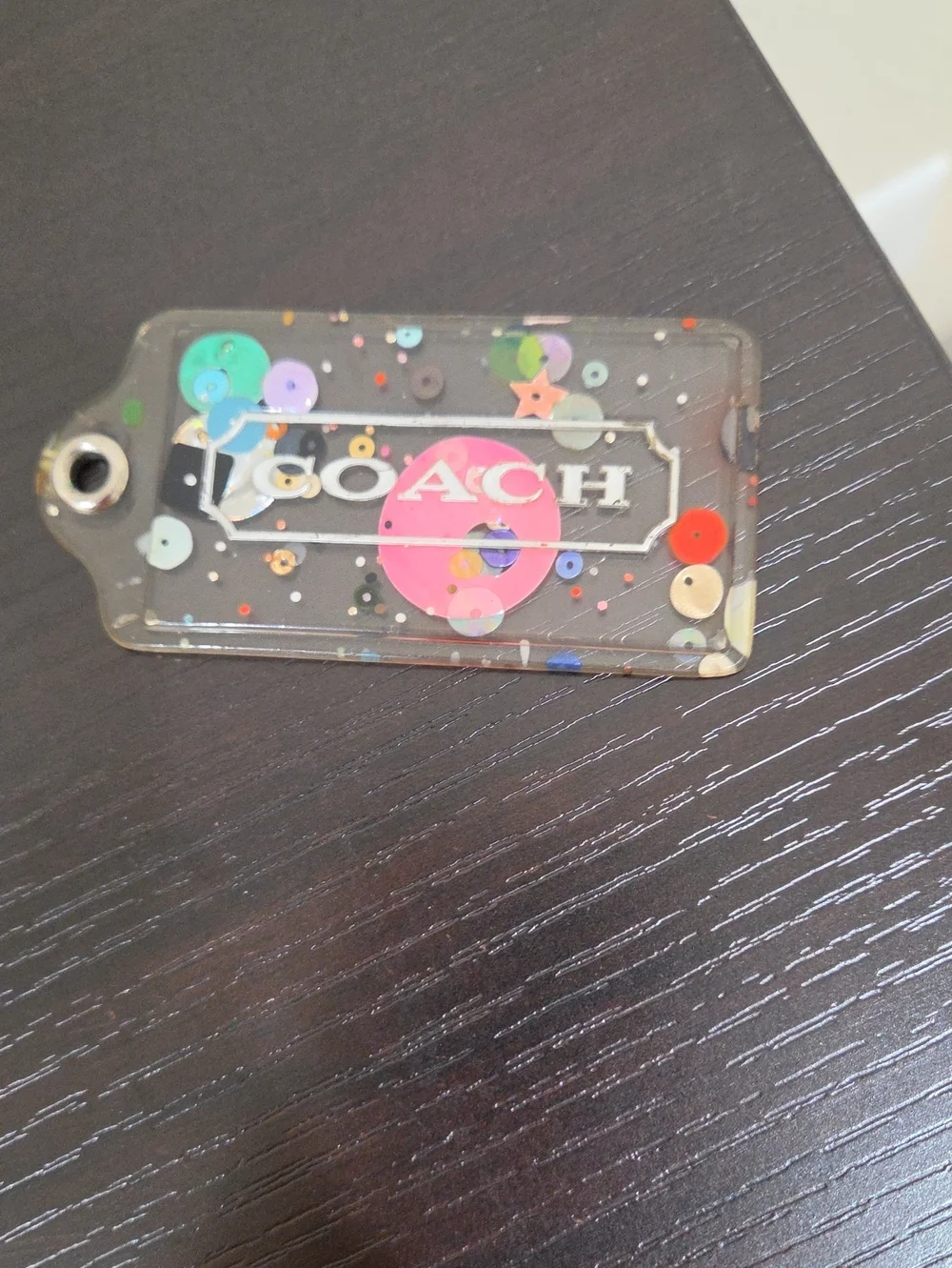 Coach Clear Confetti Tag with Pink Logo Accent